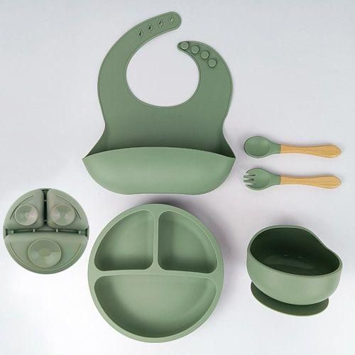 5pcs Silicone Baby Feeding Set with Suction Bowl Divided Plate Bib Spoon  Fork Baby Utensils Dishes Set NO5242
