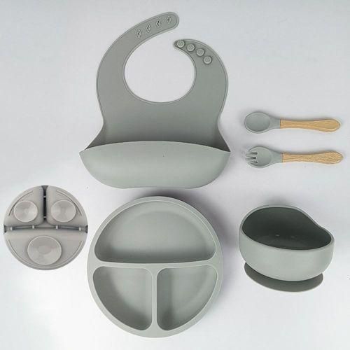 5pcs Silicone Baby Feeding Set with Suction Bowl Divided Plate Bib Spoon  Fork Baby Utensils Dishes Set NO5242