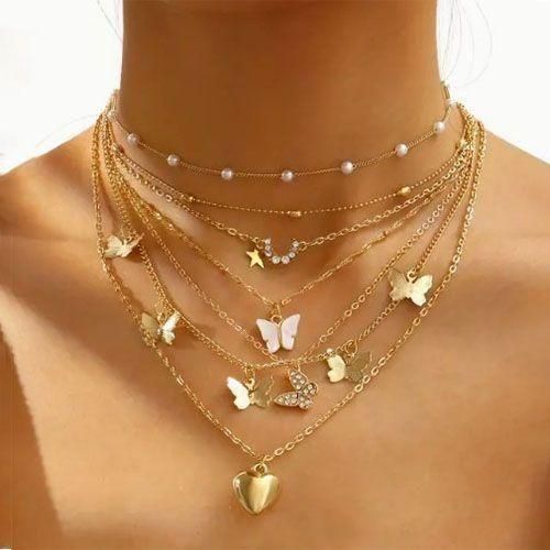 6 Pieces Women's Jewelry Necklaces Set - Gold