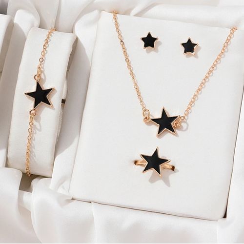 5Pcs/set Stars Shaped Jewelry Set Of Ring Earrings Necklace Bracelet For Women-Gold& Black