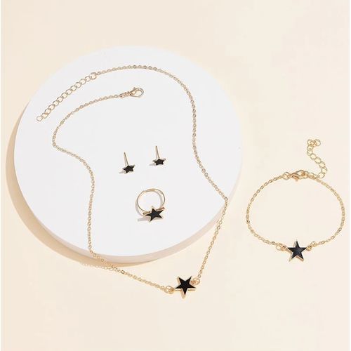 5Pcs/set Stars Shaped Jewelry Set Of Ring Earrings Necklace Bracelet For Women-Gold& Black