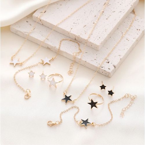 5Pcs/set Stars Shaped Jewelry Set Of Ring Earrings Necklace Bracelet For Women-Gold& Black