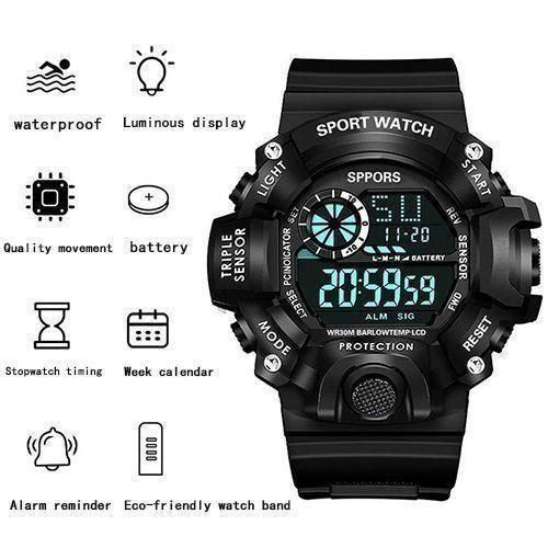 Electronic Sports Digital Watch Function Light Alarm Clock - Black
