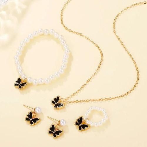 Pearl Butterfly Jewelry Bracelet Accessories Ring Earring Set-cream&gold