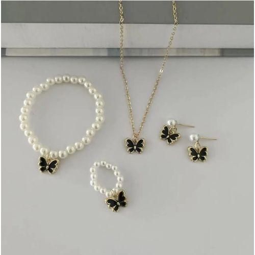 Pearl Butterfly Jewelry Bracelet Accessories Ring Earring Set-cream&gold