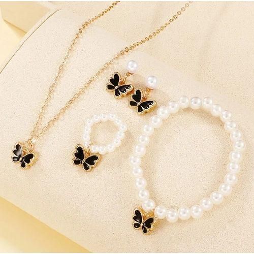Pearl Butterfly Jewelry Bracelet Accessories Ring Earring Set-cream&gold