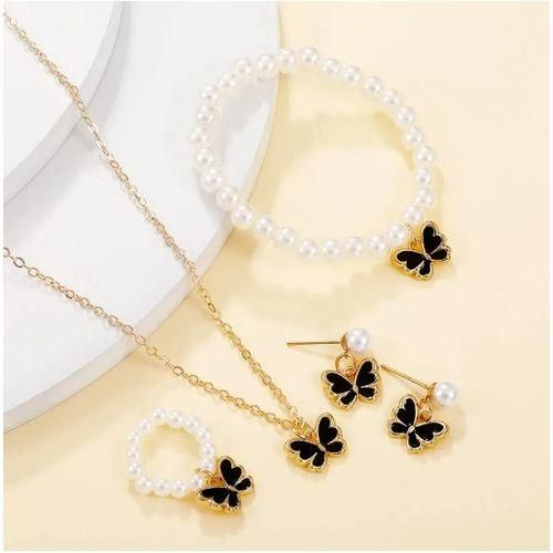 Pearl Butterfly Jewelry Bracelet Accessories Ring Earring Set-cream&gold