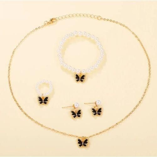 Pearl Butterfly Jewelry Bracelet Accessories Ring Earring Set-cream&gold