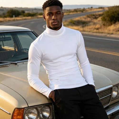 Berrykey Men's Trendy Long Sleeve Shirts T-Shirt Turtleneck White