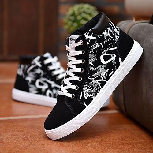 Men's Canvas Printed High-top Lace-up Fashion Sneakers - Black
