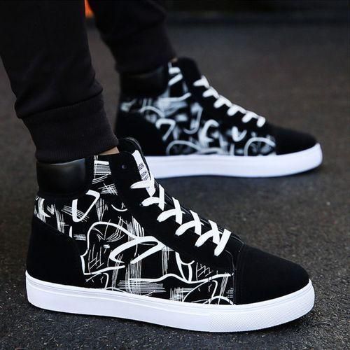 Men's Canvas Printed High-top Lace-up Fashion Sneakers - Black