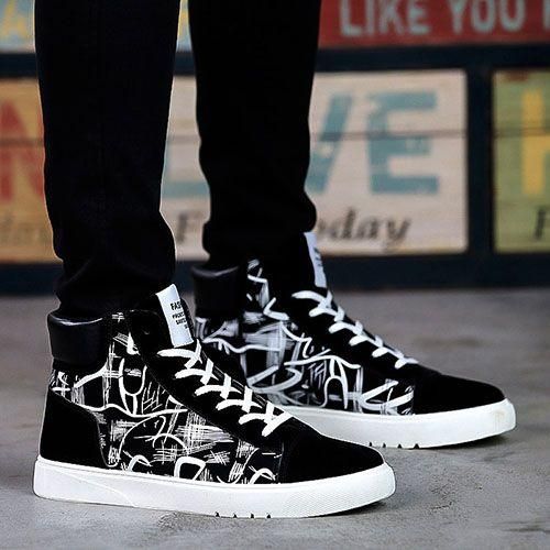 Men's Canvas Printed High-top Lace-up Fashion Sneakers - Black