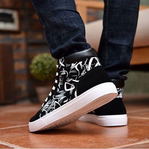 Men's Canvas Printed High-top Lace-up Fashion Sneakers - Black