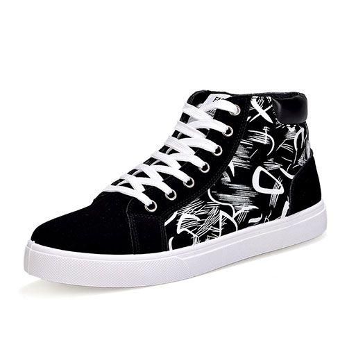 Men's Canvas Printed High-top Lace-up Fashion Sneakers - Black