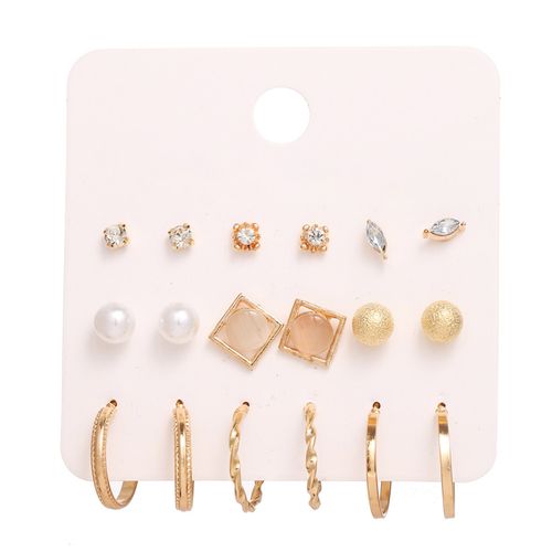 9 Pairs Women Faux Pearl Shiny Rhinestone Geometrical Ear-