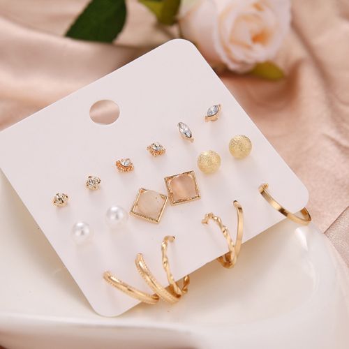 9 Pairs Women Faux Pearl Shiny Rhinestone Geometrical Ear-