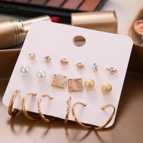 9 Pairs Women Faux Pearl Shiny Rhinestone Geometrical Ear-