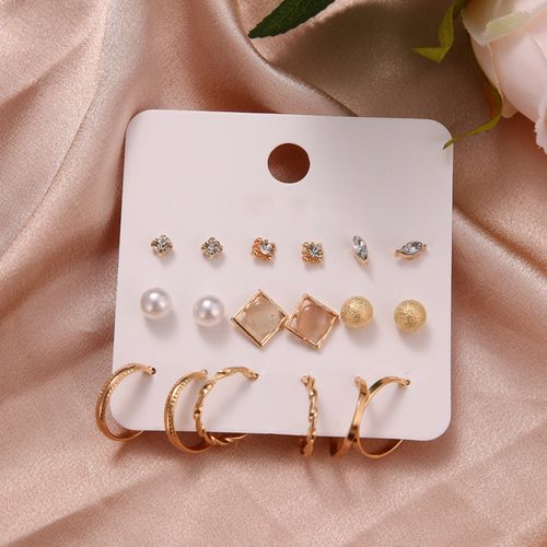 9 Pairs Women Faux Pearl Shiny Rhinestone Geometrical Ear-