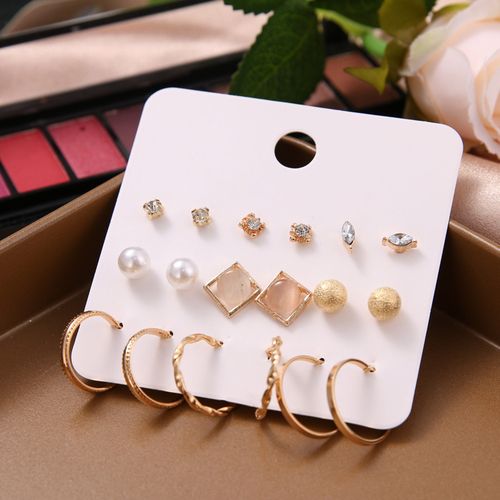 9 Pairs Women Faux Pearl Shiny Rhinestone Geometrical Ear-