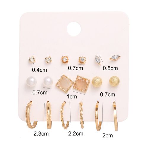 9 Pairs Women Faux Pearl Shiny Rhinestone Geometrical Ear-