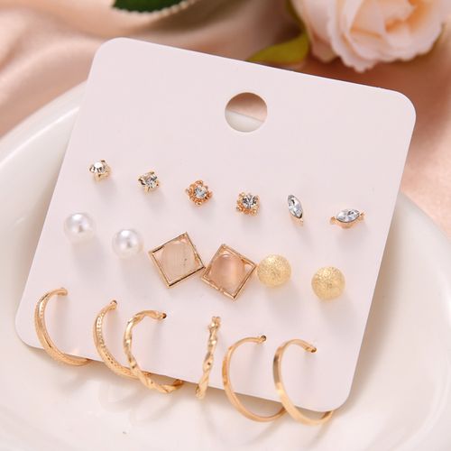 9 Pairs Women Faux Pearl Shiny Rhinestone Geometrical Ear-