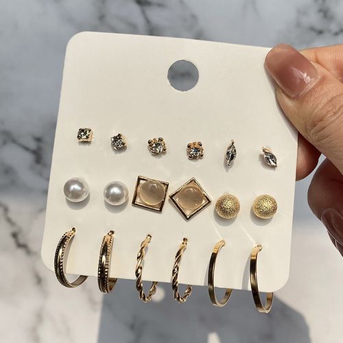 9 Pairs Women Faux Pearl Shiny Rhinestone Geometrical Ear-