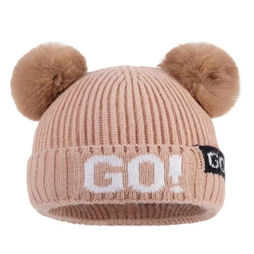 Kid Letter Knitted Wool Beanie Hat Children's Double Fluffy Ball Wool Cap for 2-6 Years Old Boys Girls New,Khaki NO5112