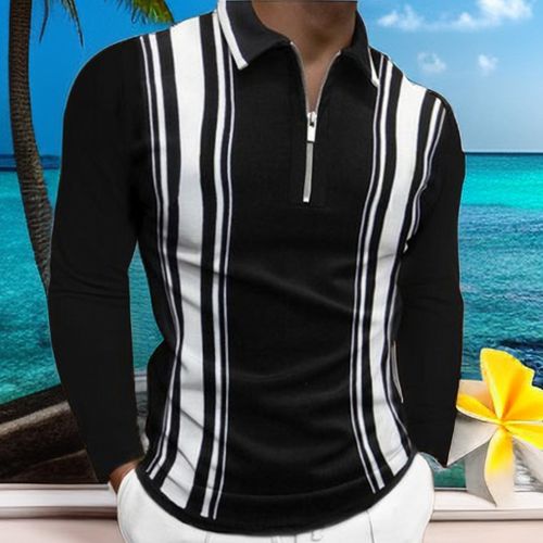 Berrykey Men's Casual Striped Stand-up Collar Long-sleeved Trendy Polo Shirt Black