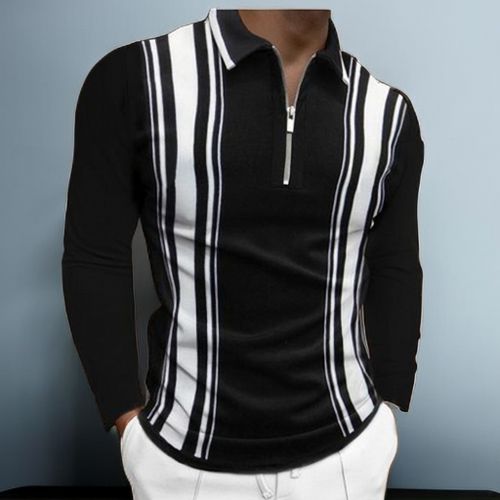 Berrykey Men's Casual Striped Stand-up Collar Long-sleeved Trendy Polo Shirt Black
