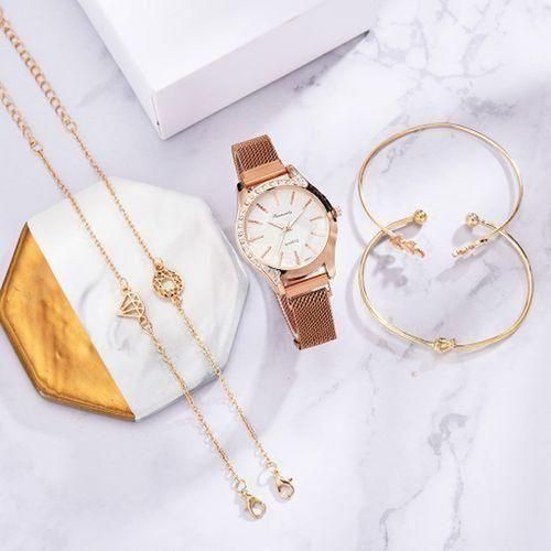 Women's Fashion Retro Style Diamond Set Watch Set - Gold
