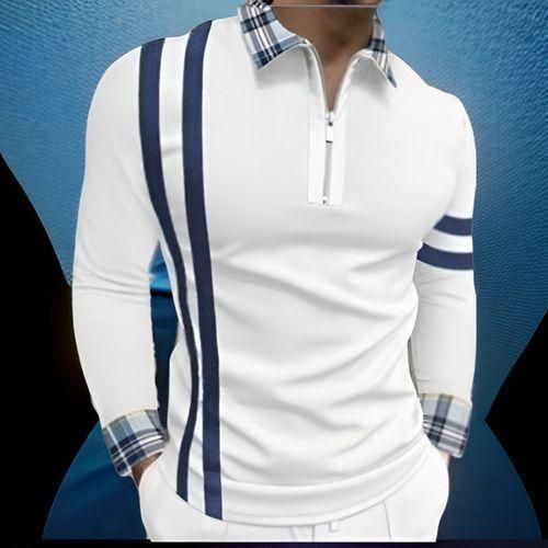 Berrykey Mens Casual Color Stitching Long Sleeve Polos Shirt Trendy White