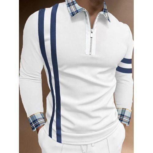 Berrykey Mens Casual Color Stitching Long Sleeve Polos Shirt Trendy White