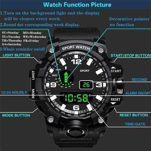 Large Electronic Waterproof Sports Watch Alarm Clock - Black