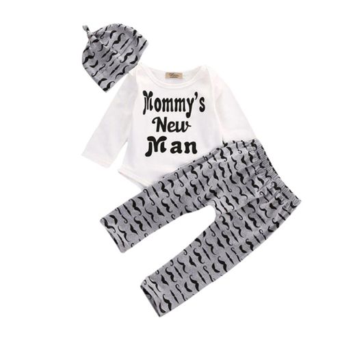 New Fashion Summer Newborn 3 Pieces Set Letter Beard Printed Short Sleeve Romper + Pants + Hat Suit For 0-1 Year Baby,80cm NO5116