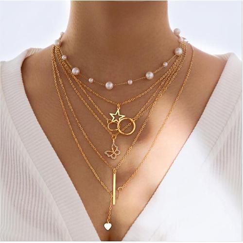 5 Pieces Women's Jewelry Necklaces Set - Gold