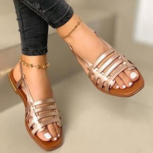 Ladies Flat Sandals Woven Beach Shoes - Gold
