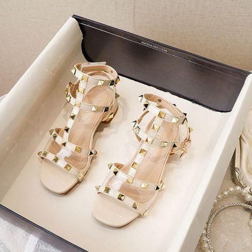 Summer Children Sandals Girls Shoes Princess High Heels Student Perfortable Dance Shoes PU Leather Baby Kids Beach Shoes  Beige