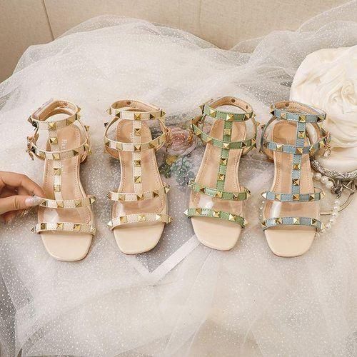 Summer Children Sandals Girls Shoes Princess High Heels Student Perfortable Dance Shoes PU Leather Baby Kids Beach Shoes  Beige