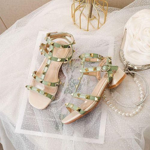 Summer Children Sandals Girls Shoes Princess High Heels Student Perfortable Dance Shoes PU Leather Baby Kids Beach Shoes  Beige