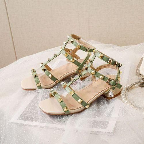 Summer Children Sandals Girls Shoes Princess High Heels Student Perfortable Dance Shoes PU Leather Baby Kids Beach Shoes  Beige