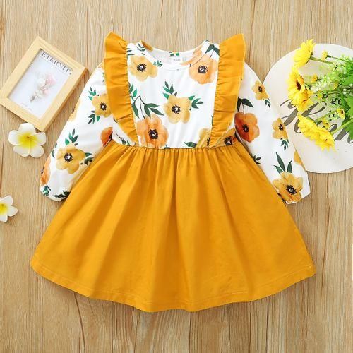 Kids Girls Long Sleeve Dress Floral Yellow Ruffle Aline Dress Holiday Partry Ball Prom