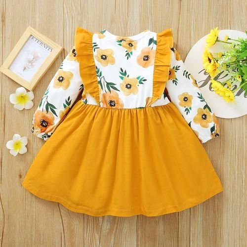 Kids Girls Long Sleeve Dress Floral Yellow Ruffle Aline Dress Holiday Partry Ball Prom