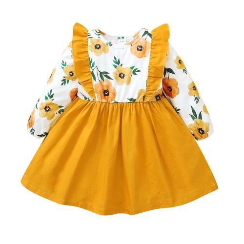 Kids Girls Long Sleeve Dress Floral Yellow Ruffle Aline Dress Holiday Partry Ball Prom