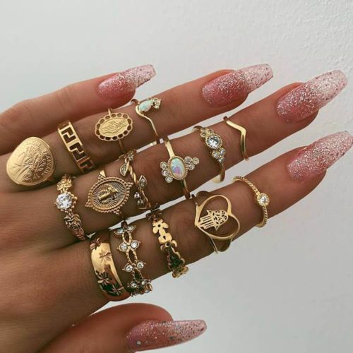 15PCS Women's Vintage Multi Style Open Ring Set - Gold