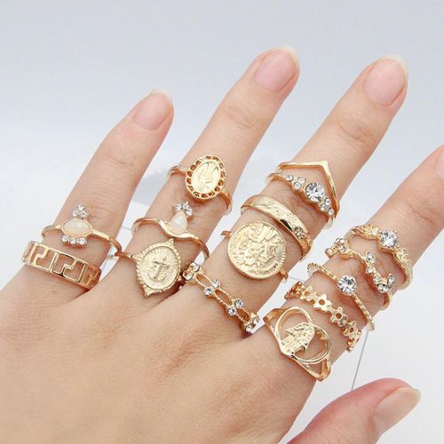 15PCS Women's Vintage Multi Style Open Ring Set - Gold