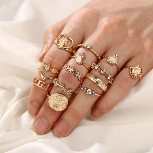15PCS Women's Vintage Multi Style Open Ring Set - Gold