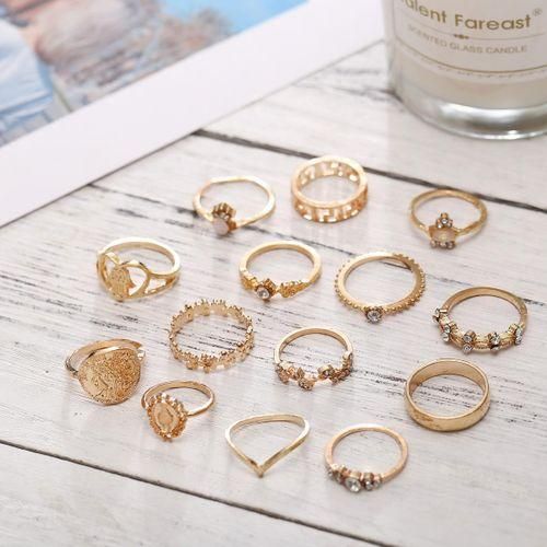 15PCS Women's Vintage Multi Style Open Ring Set - Gold