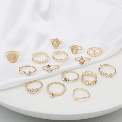 15PCS Women's Vintage Multi Style Open Ring Set - Gold