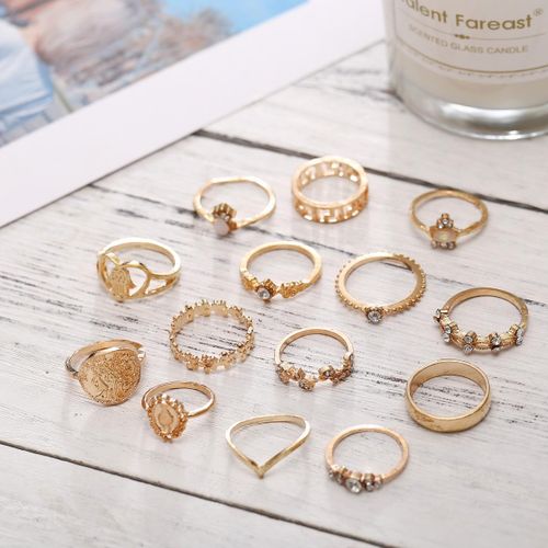 15PCS Women's Vintage Multi Style Open Ring Set - Gold