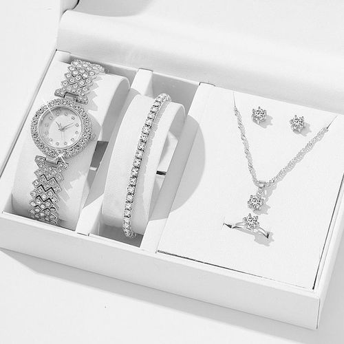 5 Pcs Women Jewelry Set  Rhinestone Wrist Watch + Bracelet  - Silver